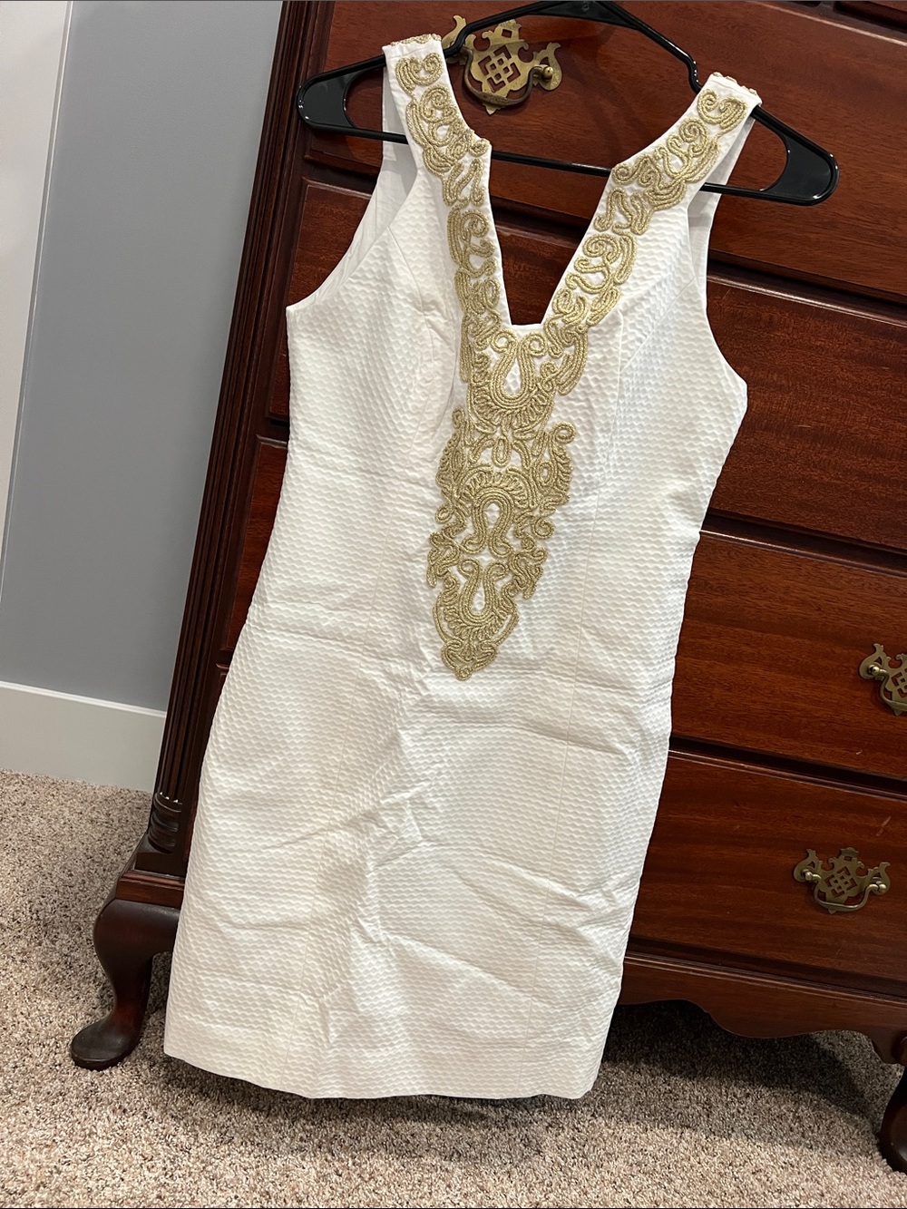 Lilly Pulitzer White Sleeveless Dress with Gold Embellished V-Neck